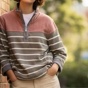 Fat Face The Airlie Women’s 1/4 Zip Pullover Eucalyptus Green Striped Top Sz.14